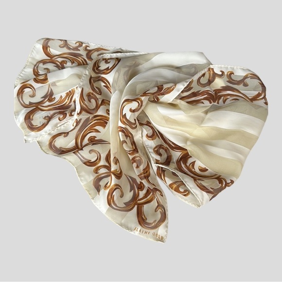 ELAINE GOLD Vintage Cream & Gold Silky Scarf Minimalist Neutral Sheer 10.5 x 53 - Picture 2 of 13